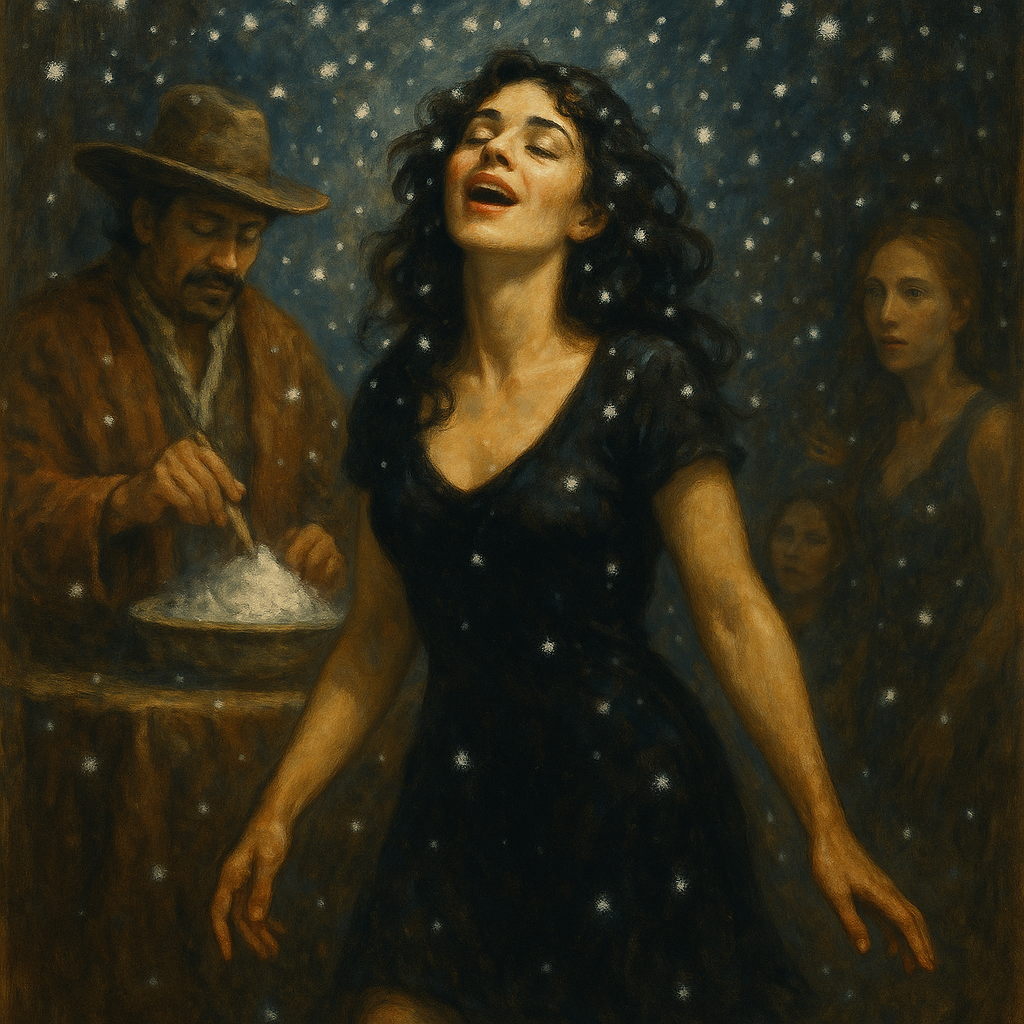 Tablou simbolic: bruneta în ninsoare, mexicanul amestecă pulberea, femeia martor