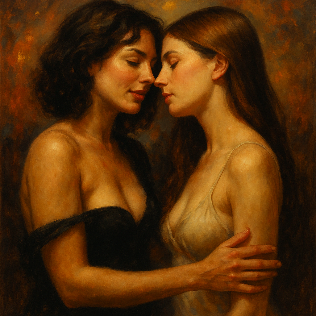 Două femei aproape să se sărute, într-un îmbrățișare delicată